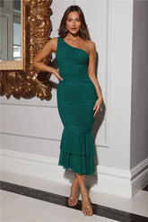 In The Twilight One Shoulder Mesh Maxi Dress Green